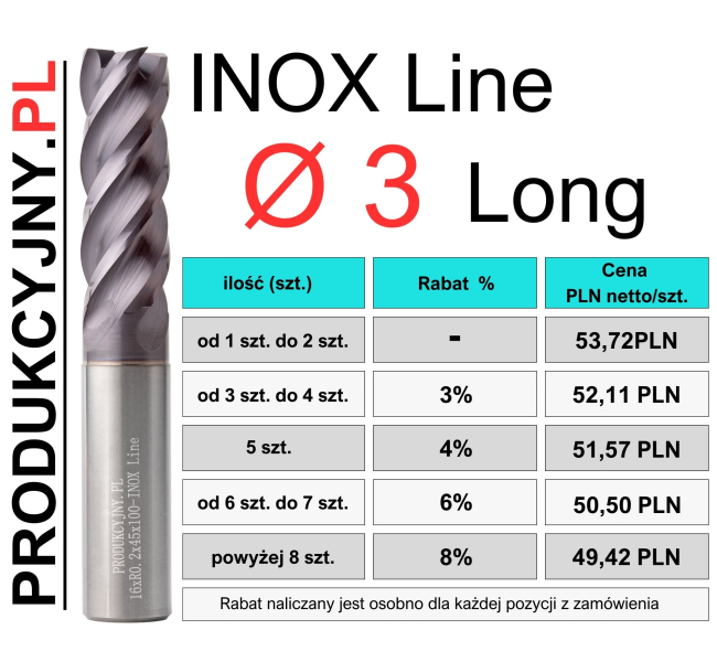 Frez fi 3 R0,2 INOX LONG